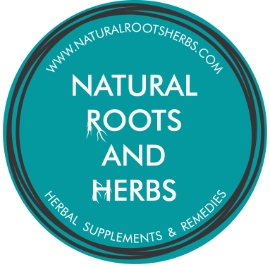 A blue circle with the words natural roots and herbs on it.