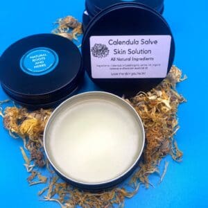 A blue table with some small containers of lotion